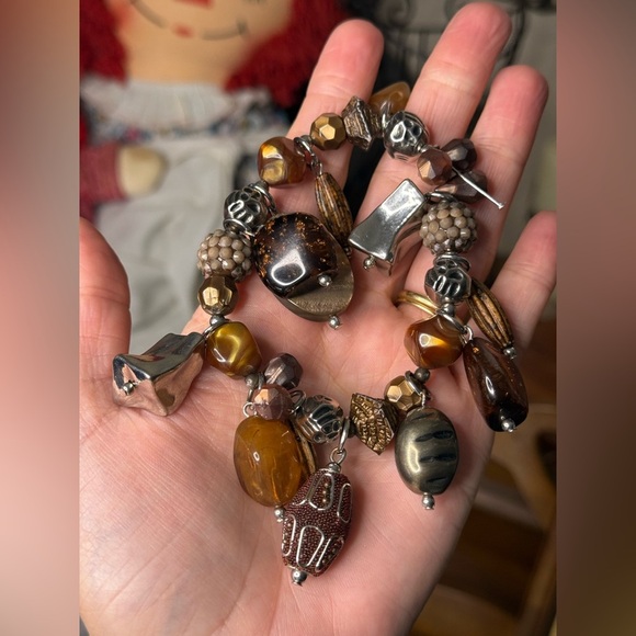 Vintage Treska Elegant Earth Tones Brown and Silver Beaded Bracelet Handmade - Picture 3 of 13